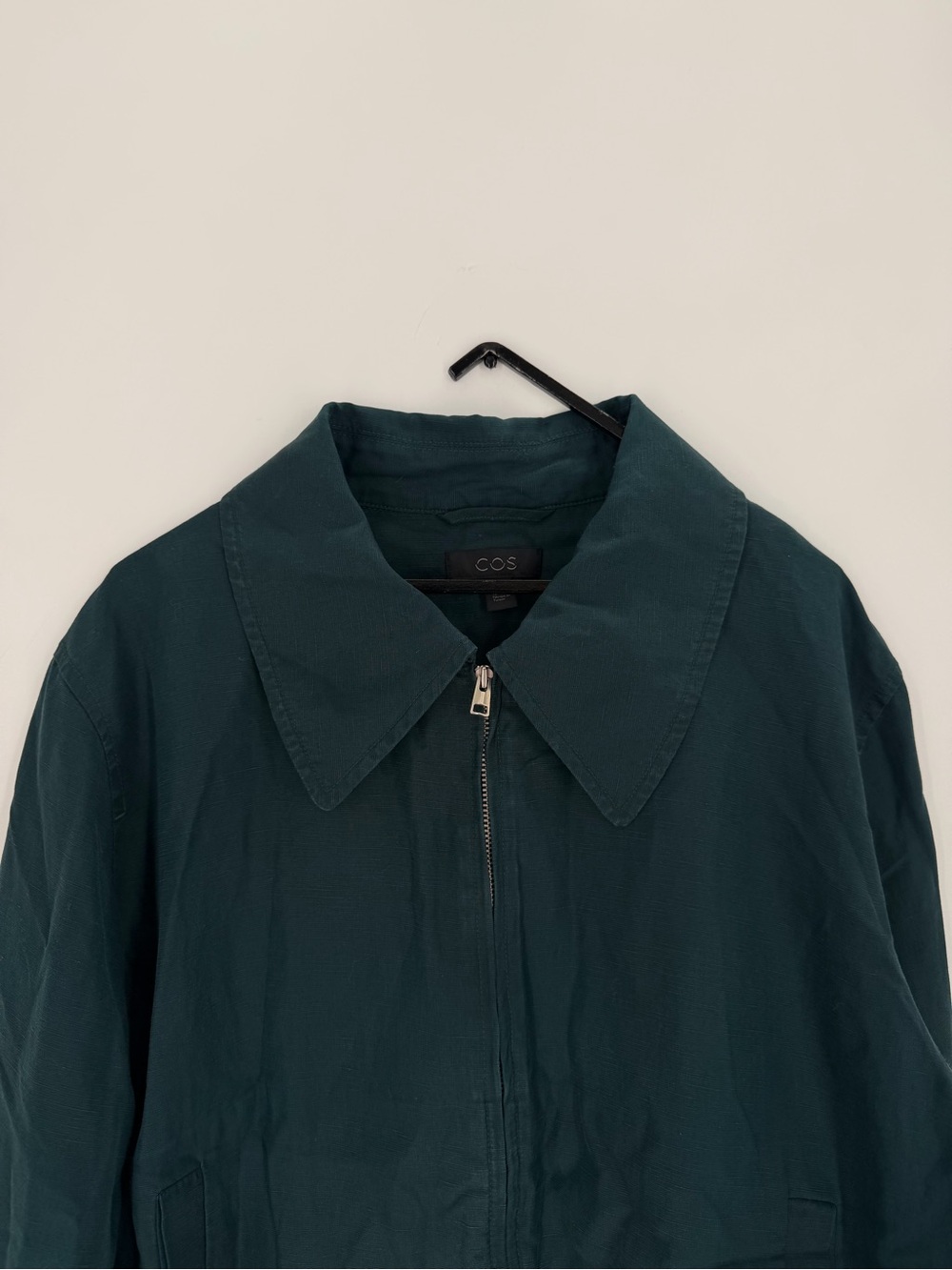 Cos Dark Teal Green Cropped Linen Blend Bomber Jacket